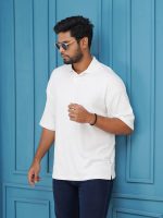 Premium Solid White Drop Shoulder Polo Shirt For Men