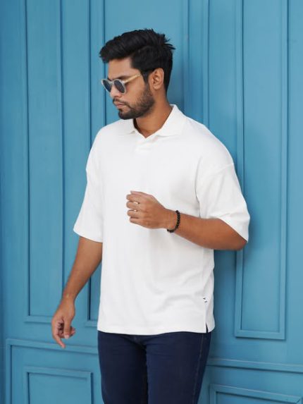 Premium Solid White Drop Shoulder Polo Shirt For Men