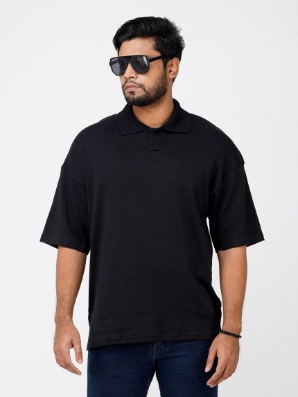 Premium Solid Black Drop Shoulder Polo Shirt For Men