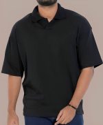 Premium Solid Black Drop Shoulder Polo Shirt For Men - Image 2