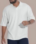 Premium Solid White Drop Shoulder Polo Shirt For Men - Image 2